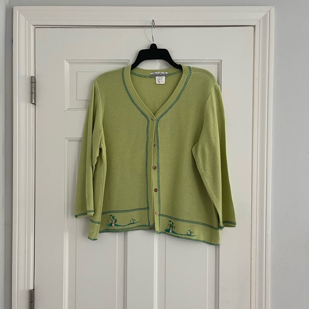 Vintage Nina Wong green cardigan with palm tree trim